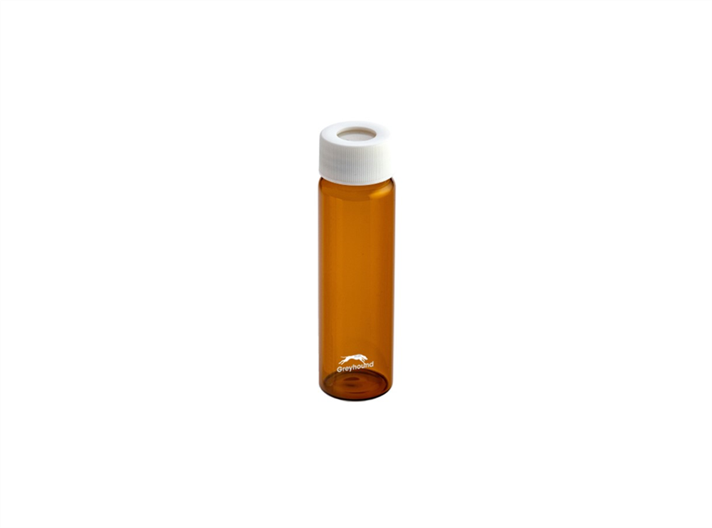 Picture of 20mL EPA/VOA Vial, Class 2, Screw Top, Amber Glass, Precleaned + 24-414mm Open Top White PP Cap with3mm PTFE/Silicone Septa